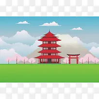 卡通扁平日本日式寺庙旅游背景素材