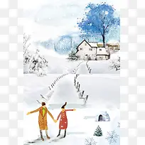 卡通手绘冬季情侣滑雪