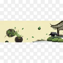 茶叶亭子清新分层背景banner