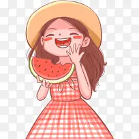 夏天吃西瓜的甜美草帽女孩