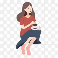 女孩坐着喝咖啡