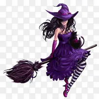 万圣节紫色女巫骑扫帚