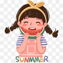夏天吃西瓜的可爱小女孩