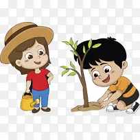 卡通小朋友种树两人