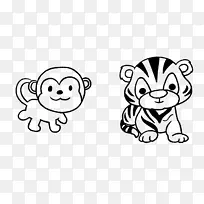 卡通 黑白 线稿 老虎-猴子