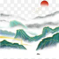 中国风，清明，山水，云雾缭绕，红日