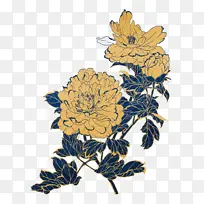 中式金色描边蓝色花朵