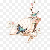 中国风水彩扇子鸟元素