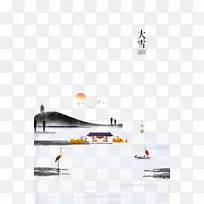 冬季大雪雪花鸟湖面船
