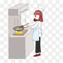 烹饪女厨师炒菜插画磕