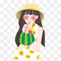 吸管西瓜汁草帽女孩