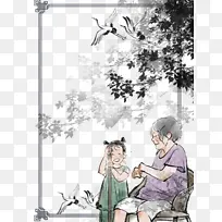 古风仙鹤线框手绘人物树枝