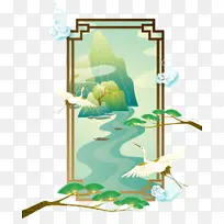中国风山水仙鹤云纹插画