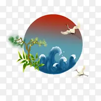 插画 国潮 仙鹤 圆形