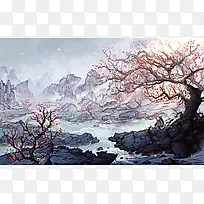 小桥流水梅花人物古诗背景手绘山水画