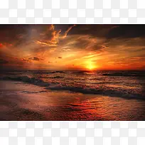海滩，海，波浪，黄昏，落日
