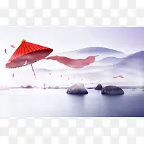 中国风仙境飘带伞花瓣背景