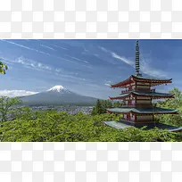 日式建筑 富士山 蓝天 森林