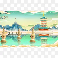国潮 手绘 插画 壁纸中国风湖