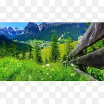 绿色，山峰，树林，栅栏
