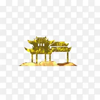 中国风，金色亭子，质感，金箔纹理