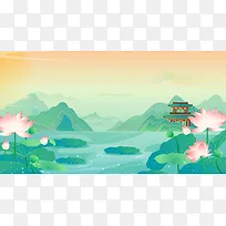 淡雅中国风夏季池塘荷花山水风景插画背景小暑大暑海报