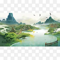 国潮淡雅古风中国风春季山水风景插画背景