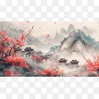 手绘中国风水墨山水画植物古风背景