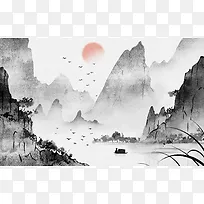 手绘中国风古风山水画落日飞鸟国画插画