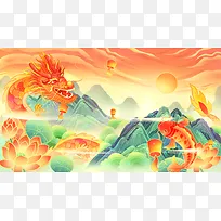 国潮风新年龙年元旦插画海报背景