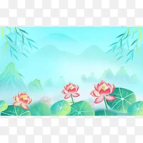 中国风夏至荷花山水插画banner背景