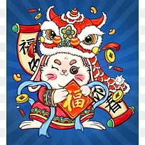 红色国潮插画风新年兔子兔年生肖手绘插画图