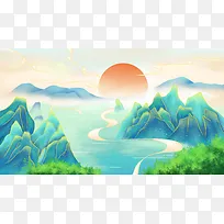 中国风国潮秀丽山水插画背景