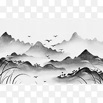 手绘白露山水水墨画芦苇中国风插画背景