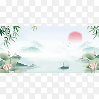 春夏荷花中国风水墨山水国画海报背景