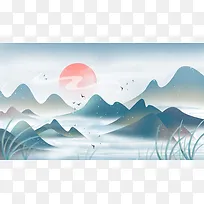 中国风立冬手绘水墨山水画展板背景