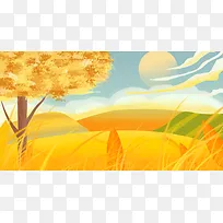 秋分秋天田野树木手绘小清新背景
