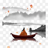 坐船在山水中游玩