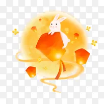 手绘中国风中秋节日兔子孔明灯装饰插画元素