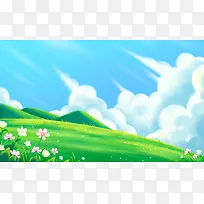 手绘梦幻天空云朵绿色小清新春天海报背景