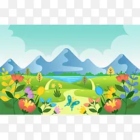 春天春季花朵蝴蝶鲜花草地道路河面春天场景