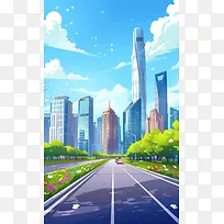 城市建筑街道卡通插画