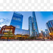 建筑高楼现代化城市傍晚场景