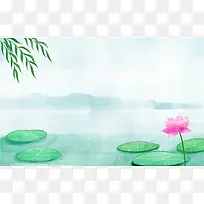 水彩荷花柳树小暑背景