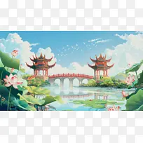 中国风插画荷花建筑桥蓝天白云