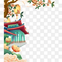 古风建筑凉亭花草国风手绘