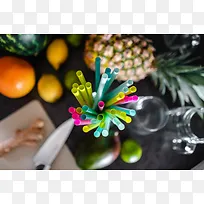 彩色塑料吸管水果菠萝
