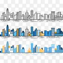 三种城市建筑扁平线条几何手绘