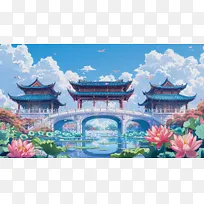 中国风建筑荷花荷叶桥蓝天白云场景