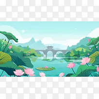 中国风建筑荷花池插画背景